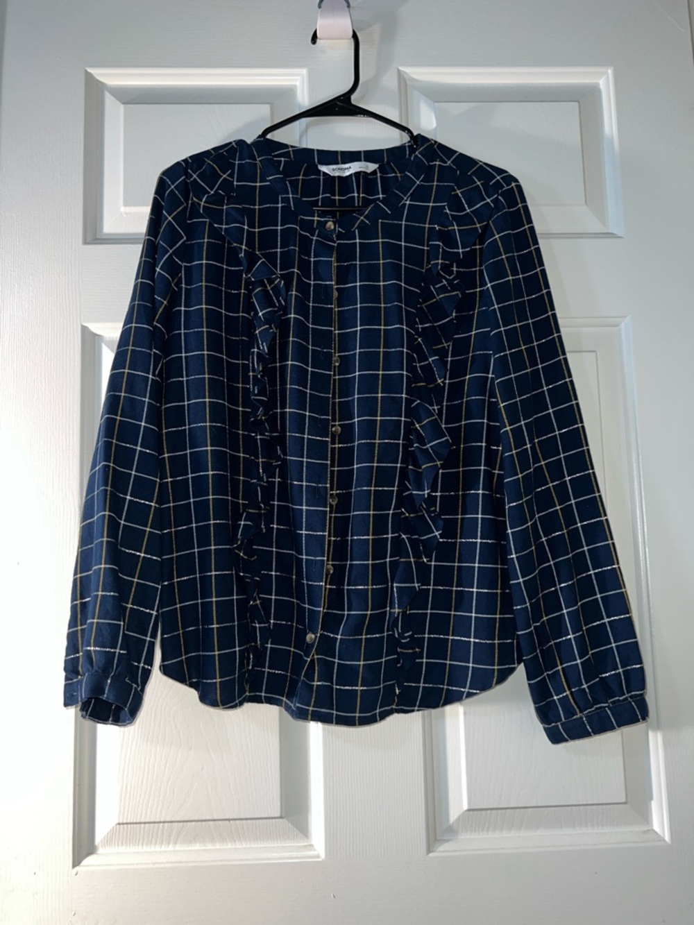 Sonoma Navy Windowpane Ruffle Front Blouse Jacket